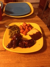 Ribs and Roasted Carrots w/green beans and sweet cornbread
