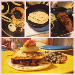 Open faced taco w/ homemade tortillas, egg, sautéed onions, homemade guacamole, and homemade salsa